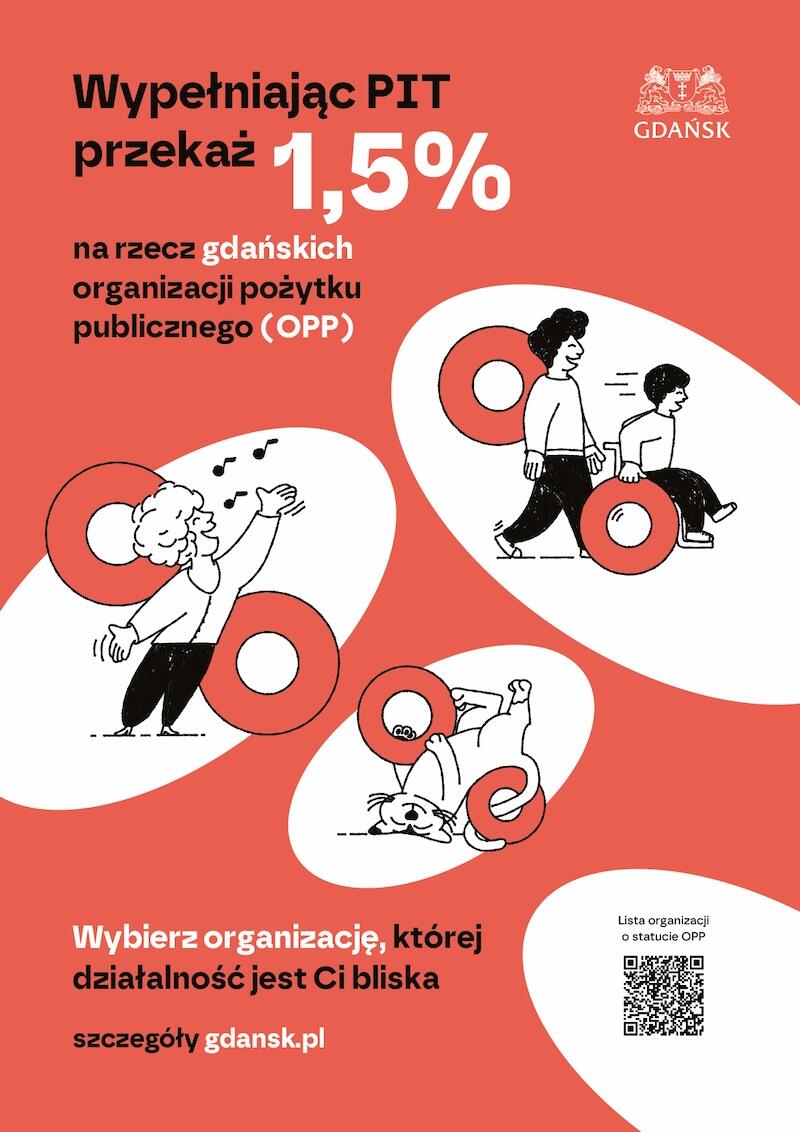 plakat akcji "Przekaż 1,5% podatku na rzecz gdańskich organizacji pożytku publicznego"