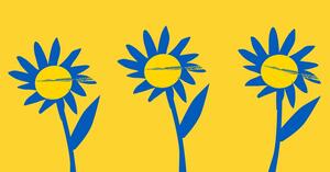 trzy niebieskie kwiaty na żółtym tle, grafika ilustrująca 