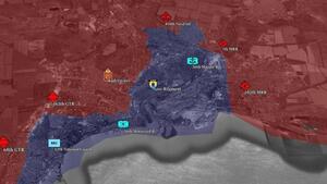 Mapka na której obszar broniony przez Ukraińców zaznaczono kolorem fioletowym. Po prawej stronie u dołu jest opis, z którego wynika, że 75 procent miasta jest pod kontrolą Rosjan, a 25 procent pod kontrolą Ukraińców 