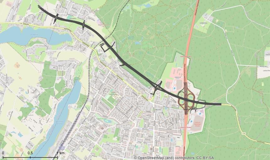 orientacyjny przebieg ulicy Nowej Kielnieńskiej zaznaczony na mapie