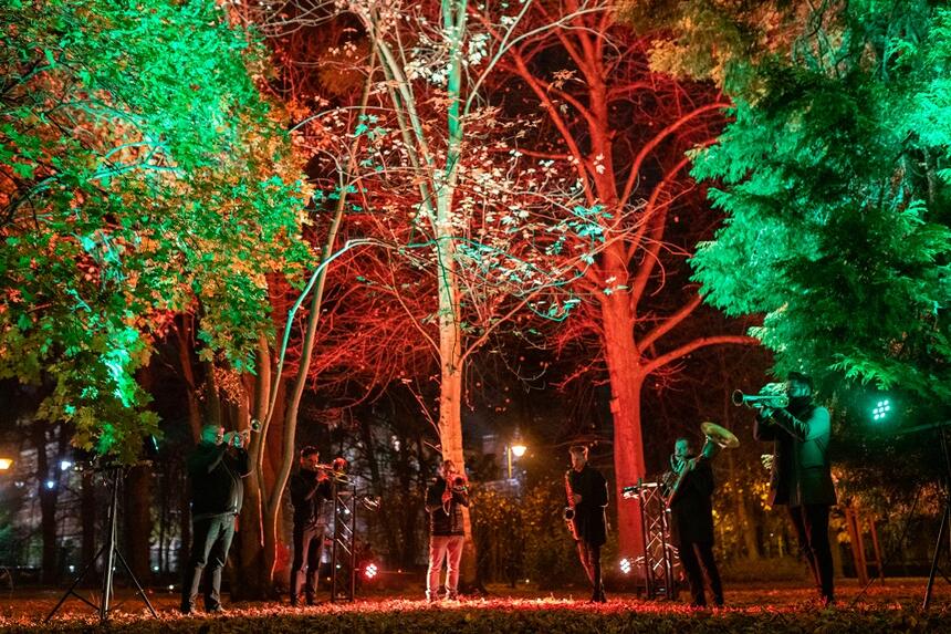 wymienieni muzycy stoją pod drzewami z instrumentami, w nocnym parku, oświetleni świateł zielonym i czerwonym