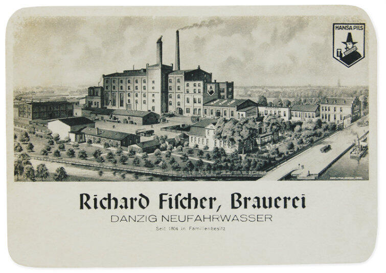 Browar Fischera w Nowym Porcie na druku reklamowym, lata 30. XX wieku.
