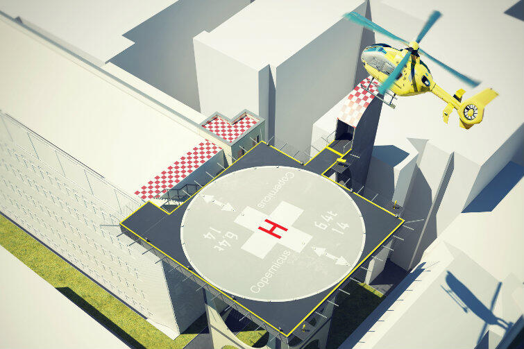 Według projektantów, tak ma w przyszłości wyglądać lądowanie śmigłowca ratunkowego na dachu Szpitala im. Kopernika w Gdańsku. Chorzy mają by c transportowani windą prosto na SOR.
