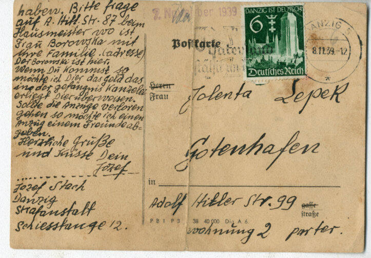 Kartka pocztowa z gdańskiego więzienia od Józefa Stacha, wysłana niedługo przed jego śmiercią w Piaśnicy 