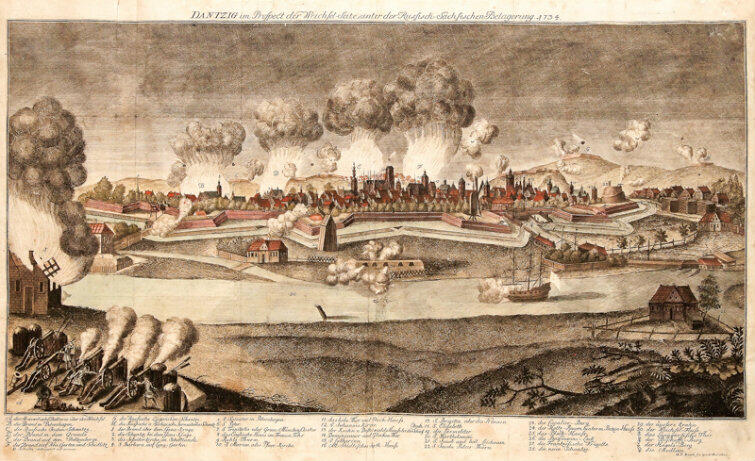 Oblężenie Gdańska przez wojska rosyjskie i saskie w roku 1734. Rycina Georga Paula Buscha z 1735 r.