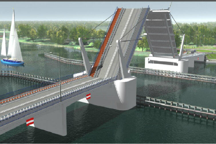 Wizualizacja planowanego mostu zwodzonego w Sobieszewie - tak będzie wyglądał, gdy trzeba będzie go podnieść, aby umożliwić żeglugę jachtom z ze szczególnie wysokimi masztami.
