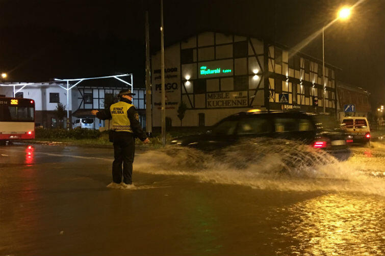 Strażniczka miejska z poświęceniem kieruje ruchem drogowym, stojac po kostki w wodzie 
