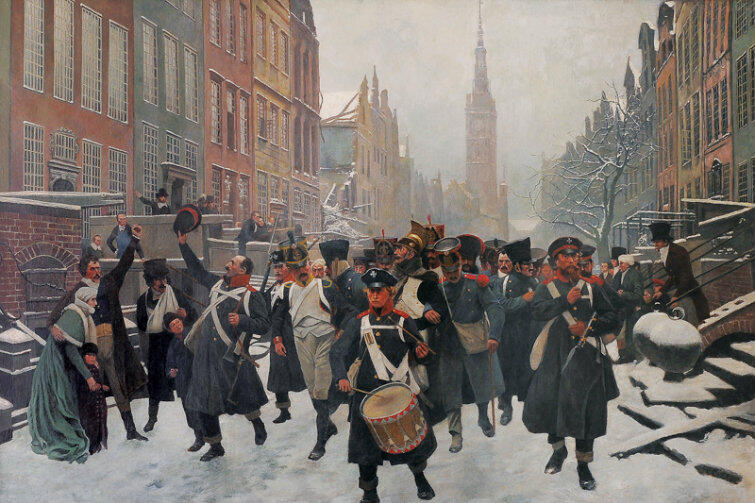 Tak przejęcie Gdańska przez wojska pruskie w 1813 r. wyobrażał sobie niemiecki malarz Carl Roehling. Uwagę zwraca wygląd ul. Długiej - z przedprożami.
