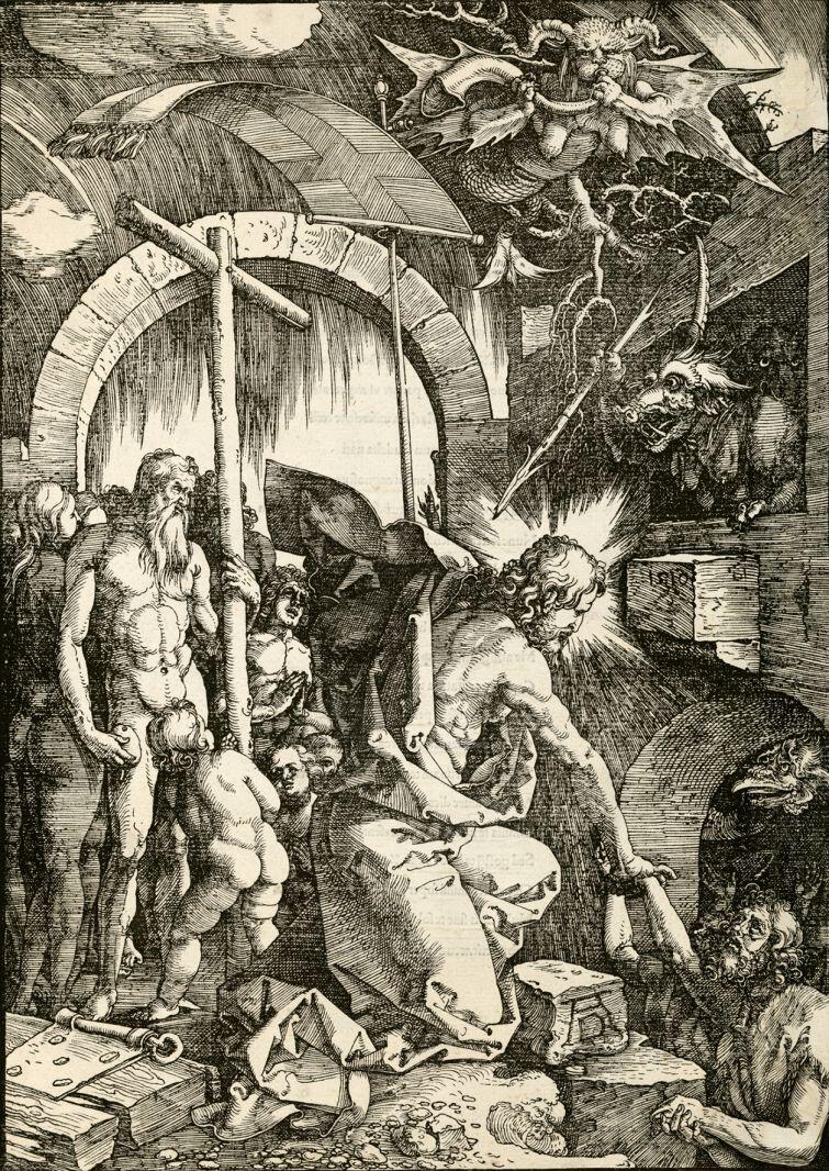 Albrecht Dürer - Walka archanioła Michała ze smokiem, drzeworyt z 1511 r. z cyklu Apocalypsis cum figuris.