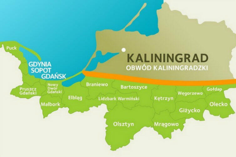 Mapa przedstawiające przygraniczne polskie powiaty, które najwięcej korzystały na MRG. Gdańsk był największym beneficjentem, jako główny na tym terenie ośrodek handlu i usług.