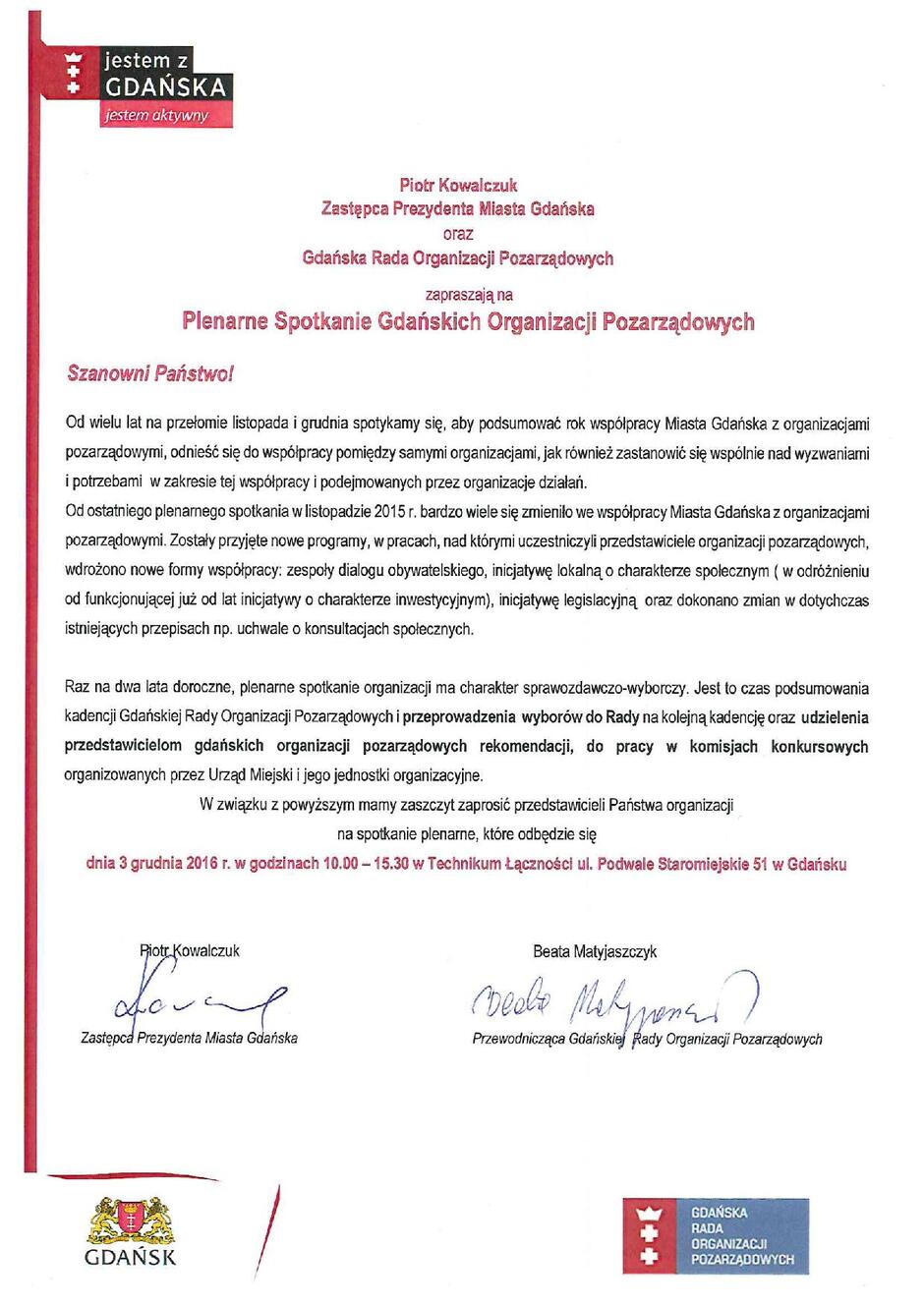 Zaproszenie na Plenarne Spotkanie Gdańskich Organizacji Pozarządowych 