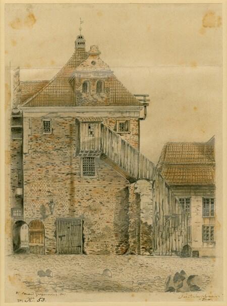 Dozorcy i stróże latarniowi mieli swoją bazę w Baszcie Kotwiczników, gdzie był też magazyn oleju; rysunek Wilhelma E. Gregoroviusa, 1843
