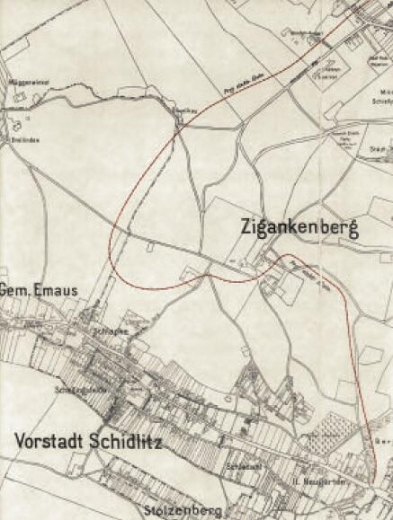 Plan Gdańska z 1921 roku z zaznaczoną projektowaną trasą tramwajową do Wrzeszcza przez Suchanino