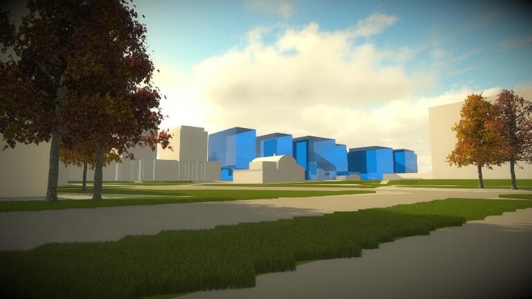 Przykładowy jeden z wariantów możliwej zabudowy w świetle ustaleń planu: widok proponowanych OW (kolor niebieski) z terenu Uniwersytetu Gdańskiego patrząc w kierunku południowo-wschodnim.