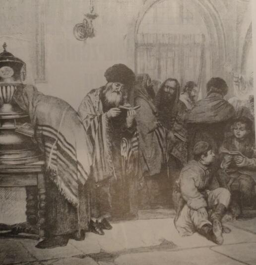 W gdańskiej synagodze, rysunek W. Stryowskiego, 1869