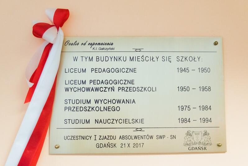 Tablica upamiętniająca istnienie czterech szkół pedagogicznych, które działały w budynku dzisiejszego XIX LO w Gdańsku