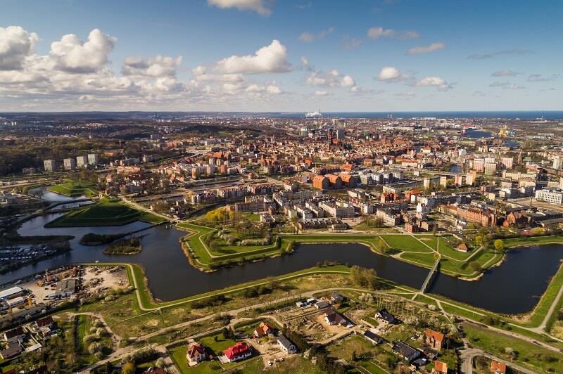 Widok na południową część Gdańska, opływ Motławy wokół bastionów
