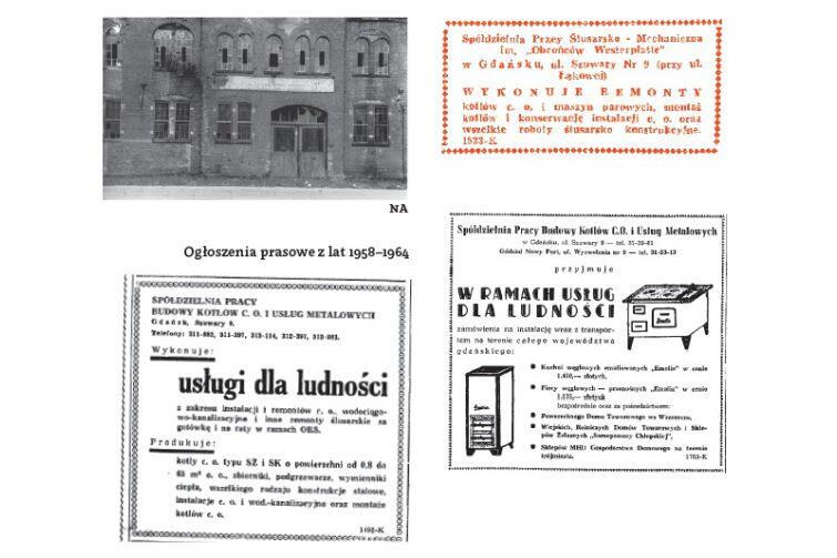 A tu archiwalne ogłoszenia prasowe i fotografia prezentująca fabrykę kotłów - powstałą w 1959 roku Spółdzielnię Pracy Budowy Kotłów C.O. i Usług Metalowych w Gdansku