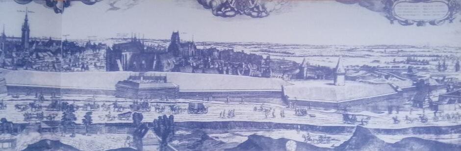 Fragment widoku Gdańska z Biskupiej Górki z 1620 roku, na pierwszym planie droga okrężna pod murami miasta