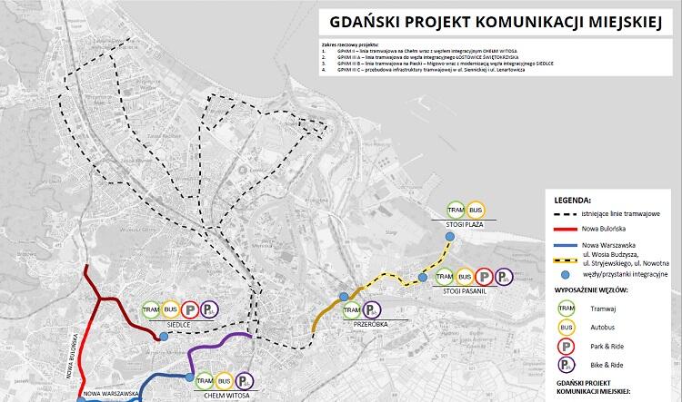 Mapa tras realizowanych w ramach Gdańskiego Projektu Komunikacji Miejskiej