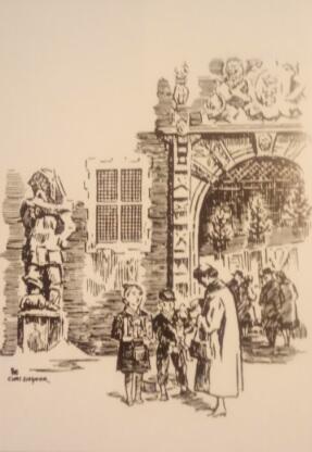 Kolędnicy przed wejściem do pasażu w Wielkiej Zbrojowni; rysunek Kurta Ziesmera