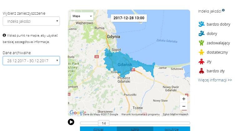 Przesuwając suwak pod mapą Gdańska zobaczyć można jak zmieniać się będzie jakość powietrza nad miastem przez kolejne 70 godzin