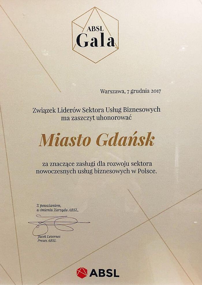 Wyróżnienie przyznane Gdańskowi podczas Gali ABSL
