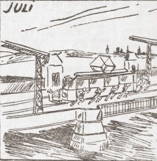 Przeciąganie tramwaju przez klapy mostu Breitenbacha, rysunek z ‘Danziger Volksstimme’