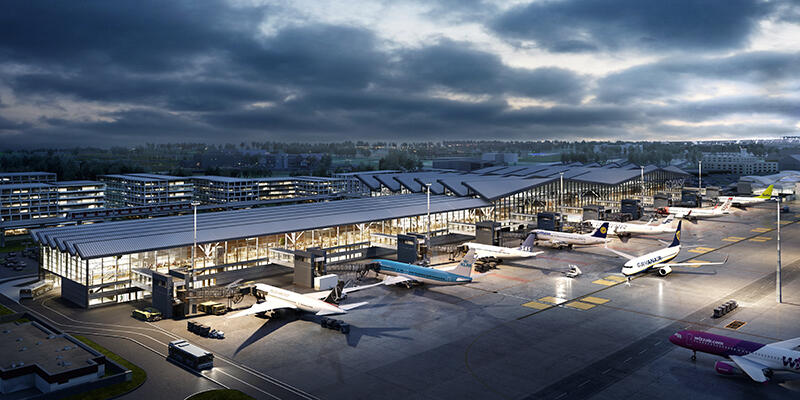 Wizualizacja rozbudowy terminalu T2 Portu Lotniczego Gdańsk im. L. Wałęsy, widok od strony płyty lotniska: po lewej pirs, za bryłą terminalu planowane Airport City, dzielnicy biurowej