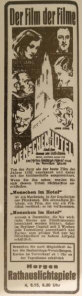 „Film nad filmami” rozpoczął swoją wędrówkę po gdańskich kinach od Rathaus-Lichtspiele (reklama z „Danziger Volksstimme”, 6 marca 1933)