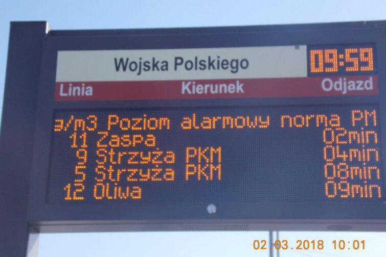 Komunikaty pojawiły się m.in. na przystanku 'Wojska Polskiego'. Można z nich wyczytać średniogodzinne stężenie pyłu PM10