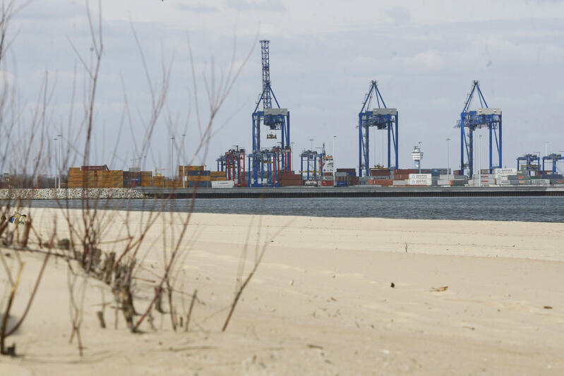 Terminal kontenerowy DCT widziany z perspektywy plaży na Stogach. Port Gdańsk osiąga coraz lepsze wyniki przeładunkowe, na Bałtyku jest już potęgą - może potrzebować przestrzeni do dalszego rozwoju