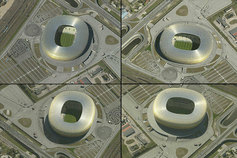 Sfotografowany w 2016 r. tą samą metodą i przez tę samą firmę Stadion Energa Gdańsk. Można go obejrzeć z czterech stron świata. Nowe zdjęcia samolotowe są potrzebne do aktualizacji danych