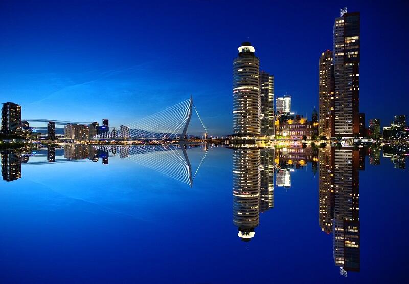 Nocna panorama Rotterdamu z mostem Erasmusa