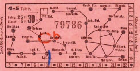 Tramwajowy bilet przesiadkowy wprowadzony po 30 czerwca 1930 roku; cena podstawowa opiewała na 25 fenigów, a ostateczna po dodaniu podatku – 30 fenigów (30 P)