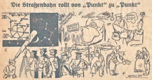 Dowcip rysunkowy w dzienniku „Danziger Volksstimme” jako reakcja na zamieszanie w tramwajach po wprowadzeniu podatku komunikacyjnego