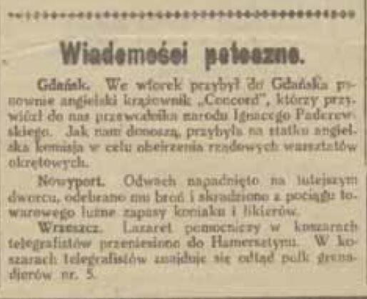 W „Gazecie Gdańskiej” krótka informacja o przybyciu Ignacego Paderewskiego do Gdańska została opublikowana 3 I 1919