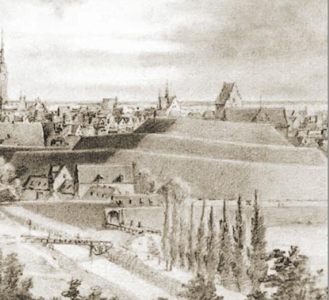 Z wysokości wzgórza widziało się Gdańsk, że „leży pod naszymi nogami, tak że można wygodnie liczyć dachy”; fragment rysunku Juliusa Gottheila