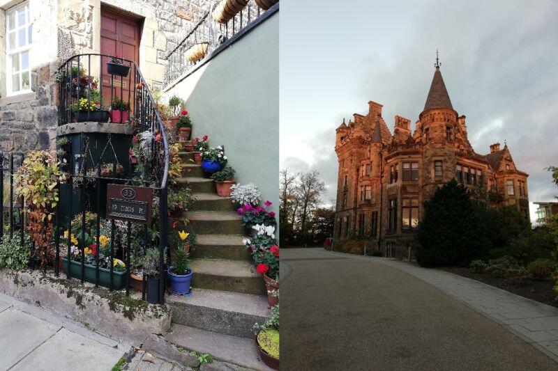 Niektóre z miejsc, a za które lubię Edynburg: udekorowane schodki na ulicy India Place oraz prywatny pałacyk w kompleksie akademików Pollock Halls