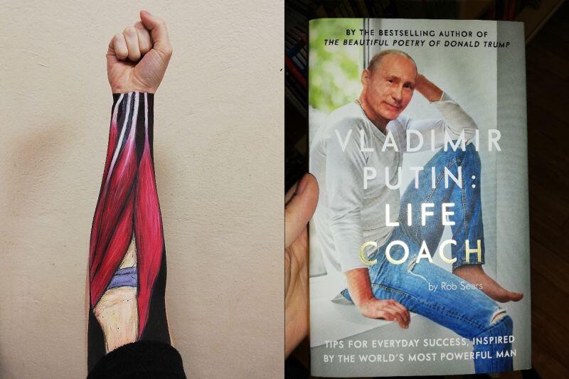 Moje pojęcie o „zaprzątaniu sobie głowy czym innym”, po lewej: malowanie anatomii ręki na ręce (kto by się spodziewał) z klubem studenckim „ArtBeat”, po prawej: czytanie dziwnych książek, jak na przykład „Włodzimierz Putin: Trener życiowy”