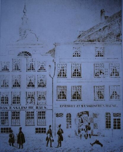 Do hotelu „Angielski Dom” należały też posesje od strony Długiego Targu, rycina z ok. 1830