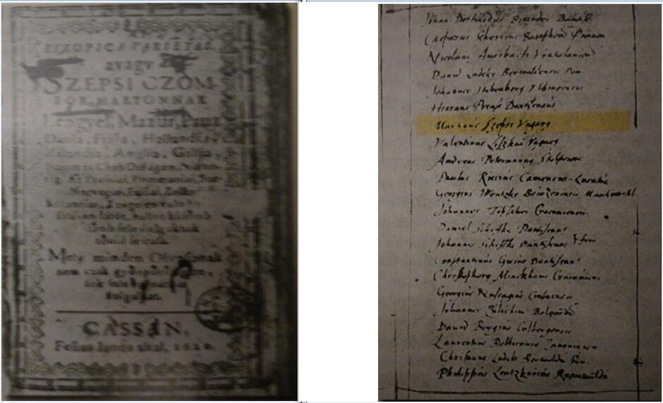 Po lewej: strona tytułowa pierwszego wydania „Europa Varietas”; po prawej: Lista uczniów gimnazjum gdańskiego, Csombor wymieniony jako siódmy od góry