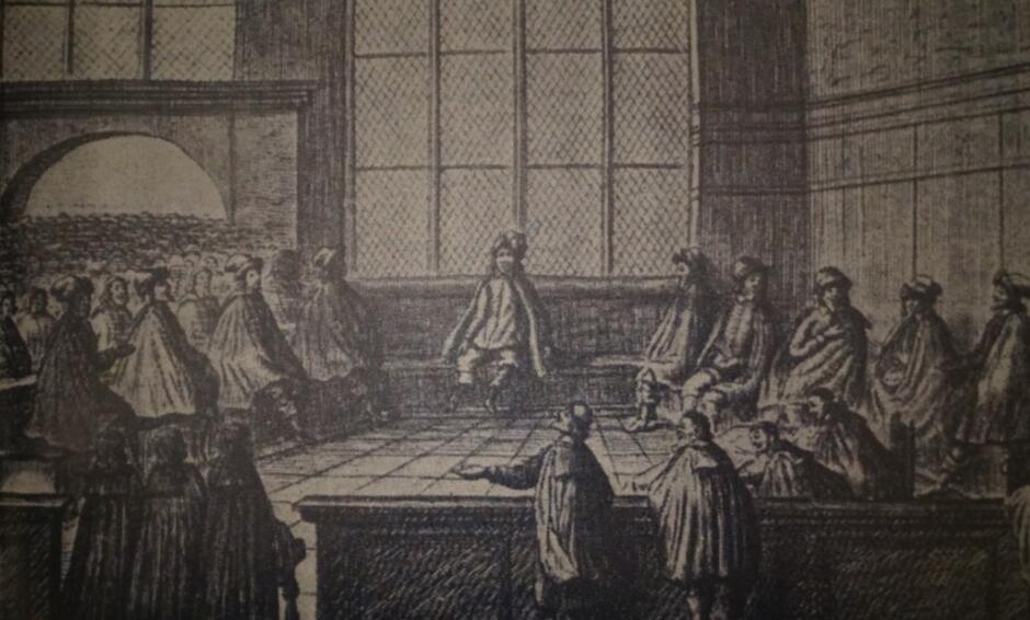 Scena sądu w sali Dworu Artusa, miedzioryt z 1650 roku