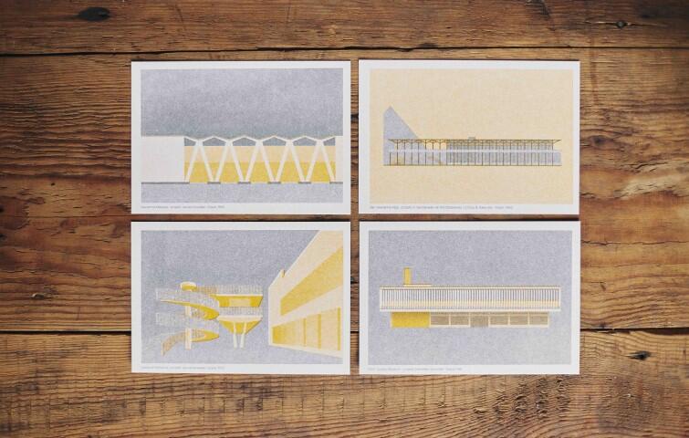 Pocztówki Michała Pecko z ilustracjami pawilonu meblowego LOT, budynku Teatru Wybrzeże, Hali widowiskowo-sportowej Olivia i słynnego Dolarowca