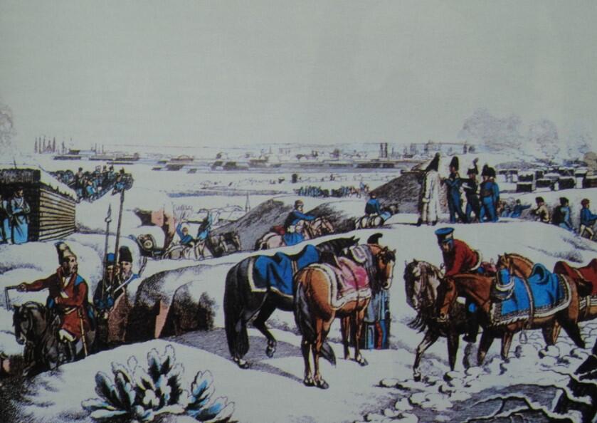 Wojsko rosyjskie na przedmieściach Gdańska w 1813 roku, akwaforta J. Fleischmanna
