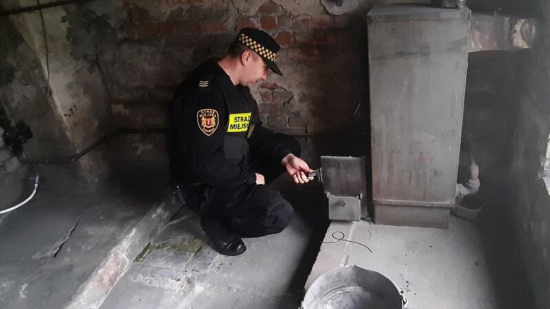 Strażnik pobierający próbkę popiołu z przydomowego kotła cieplnego