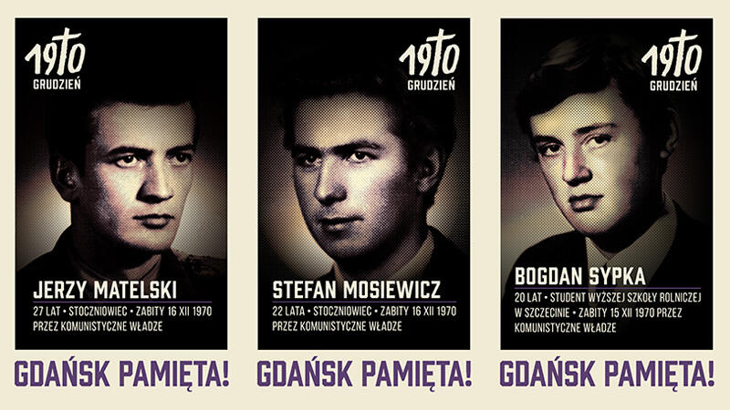 Trzy z ośmiu portretów gdańskich ofiar Grudnia '70, jakie wkrótce będą do obejrzenia w Śródmieściu. Autorką projektu graficznego jest Agnieszka Gawędzka