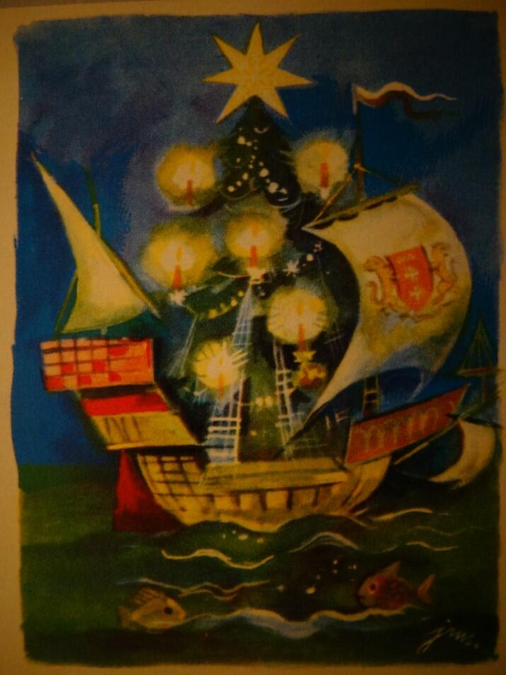 Karta świąteczna z gdańskimi motywami, której autorem jest prawdopodobnie Jan Marcin Szancer; nie wiemy, czy wykonana została przed wojną, czy po wojnie