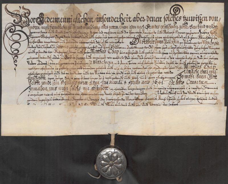 Świadectwo pochodzenia Mattiasa Czapa. Dokument wystawiony w Gdańsku przez sekretarza miejskiego Wenzela Mittendorffa w kwietniu 1641 r. opatrzony pieczęcią miejską z czerwonego wosku w metalowej puszce