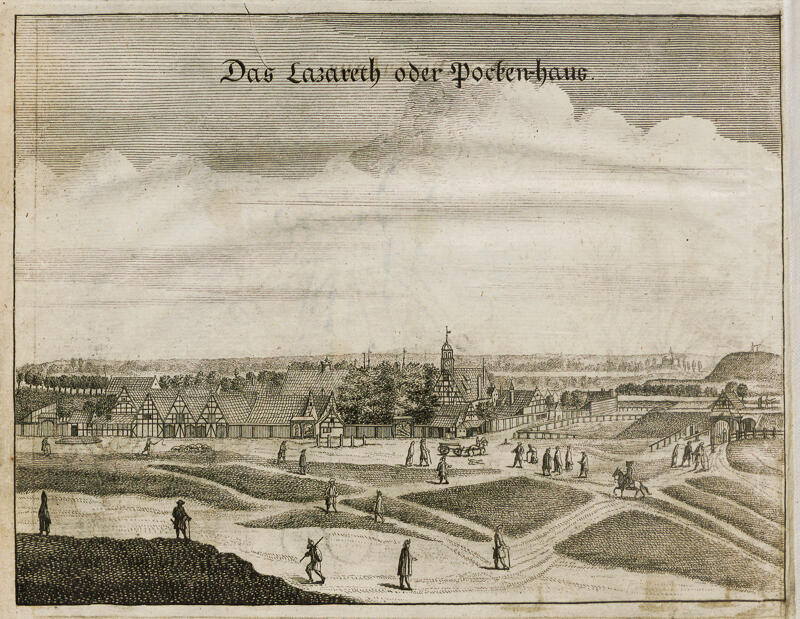 Przedstawienie lazaretu przy Bramie Oliwskiej/Domu Ospy (za: R. Curicke, Der Stadt Danzig historische Beschreibung, Gdańsk/Amsterdam 1687)